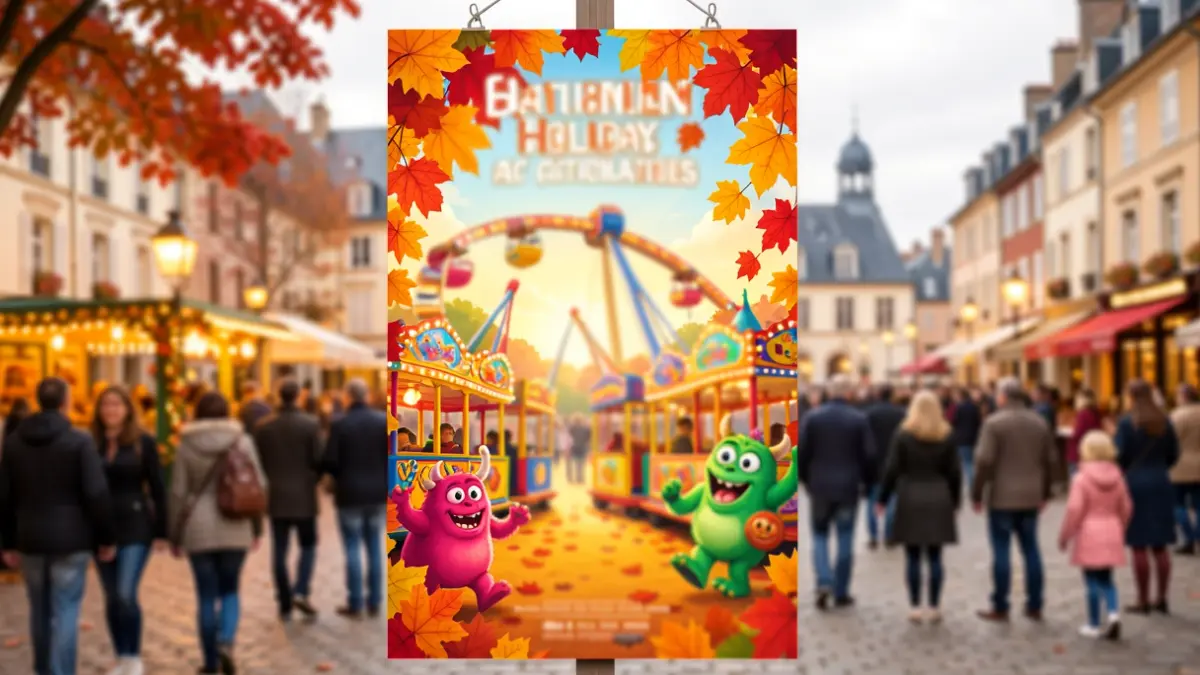 Affiche générique pour un programme de vacances d'automne pour enfants, avec des monstres et des attractions.