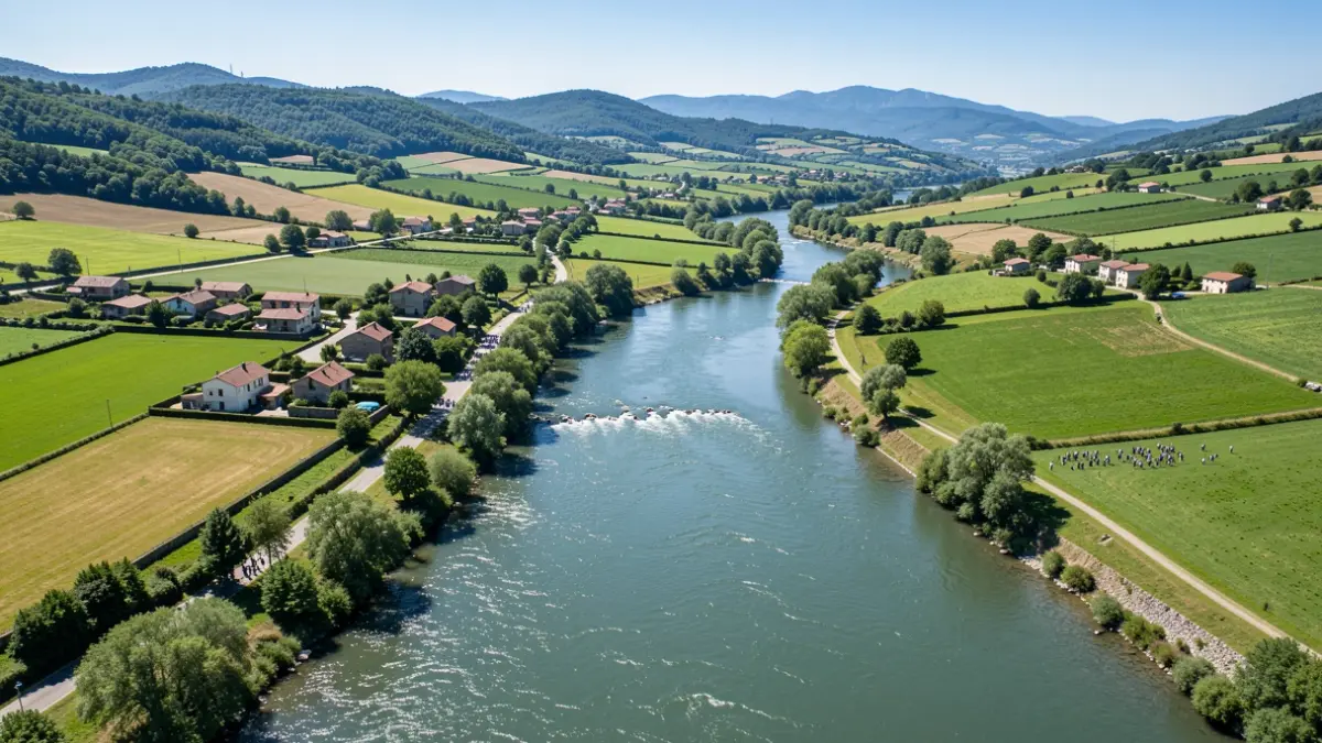 Image générique de la vallée d'un fleuve dans les Pyrénées-Orientales, avec des champs verts et des bâtiments ruraux dispersés, sous un ciel bleu dégagé.
