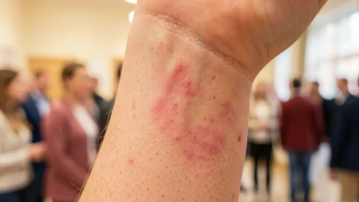 Image générique de texture de peau humaine avec des plaques subtiles, dans un environnement médical ou de soutien.