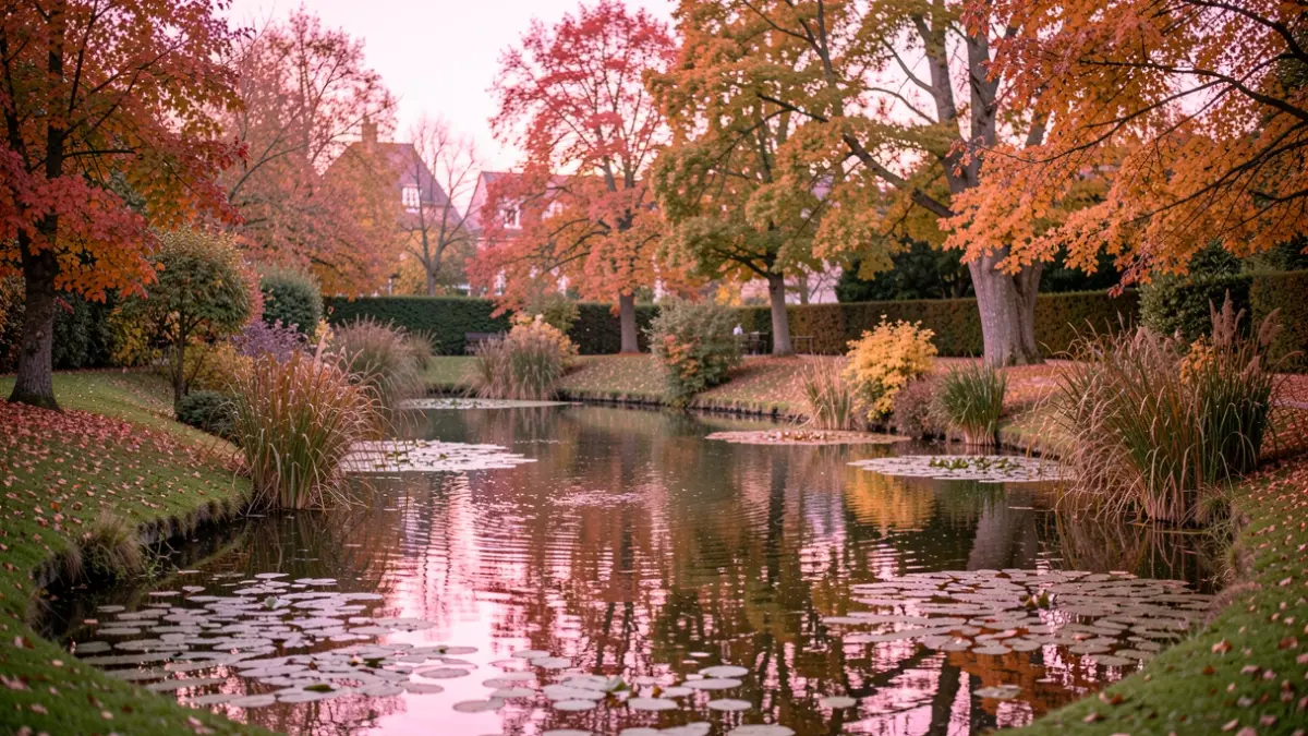 Image générique d'un étang en automne avec une touche de rose.