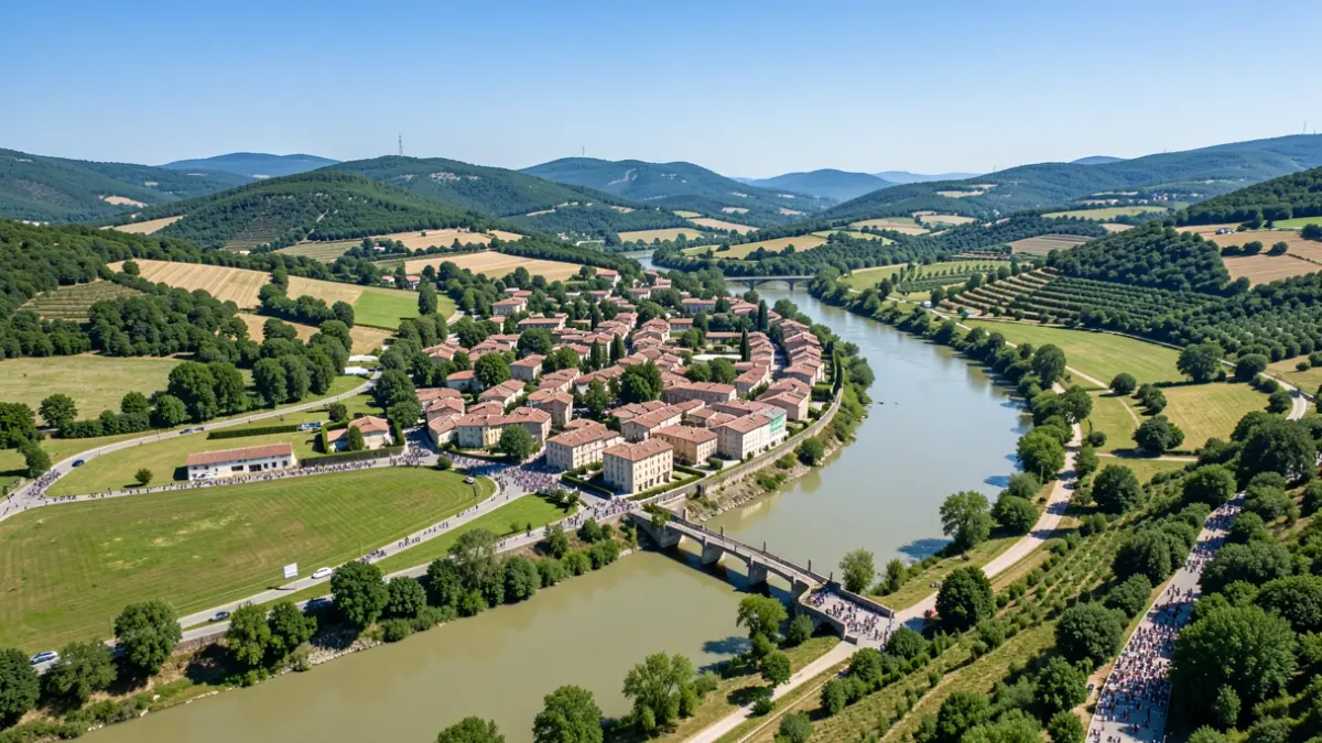 Vue aérienne du bassin versant de la Basse-Castelnou avec la commune du Soler, dans les Pyrénées-Orientales.
