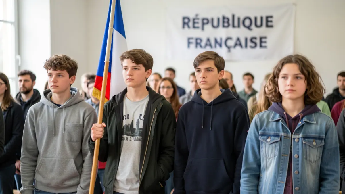 Generic image of young people participating in a flag bearer training, with a French flag and a 'République Française' banner in the background.
