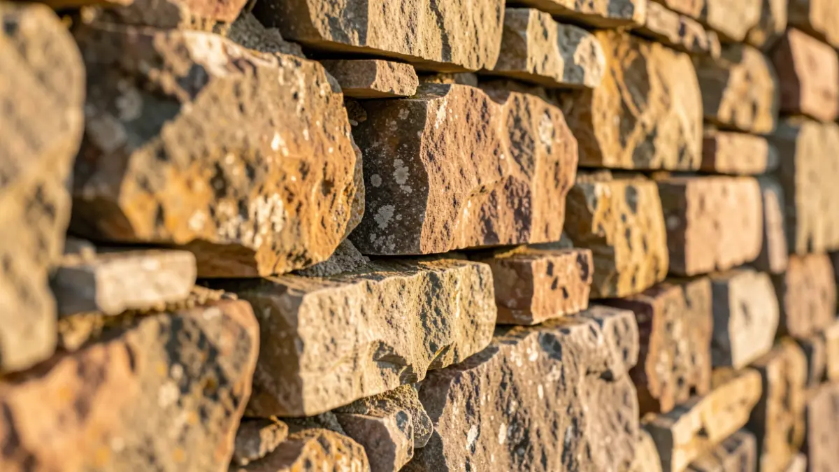 Gros plan sur un mur de pierres sèches, texture de la pierre et variations naturelles de couleur, sous une lumière douce et chaude.