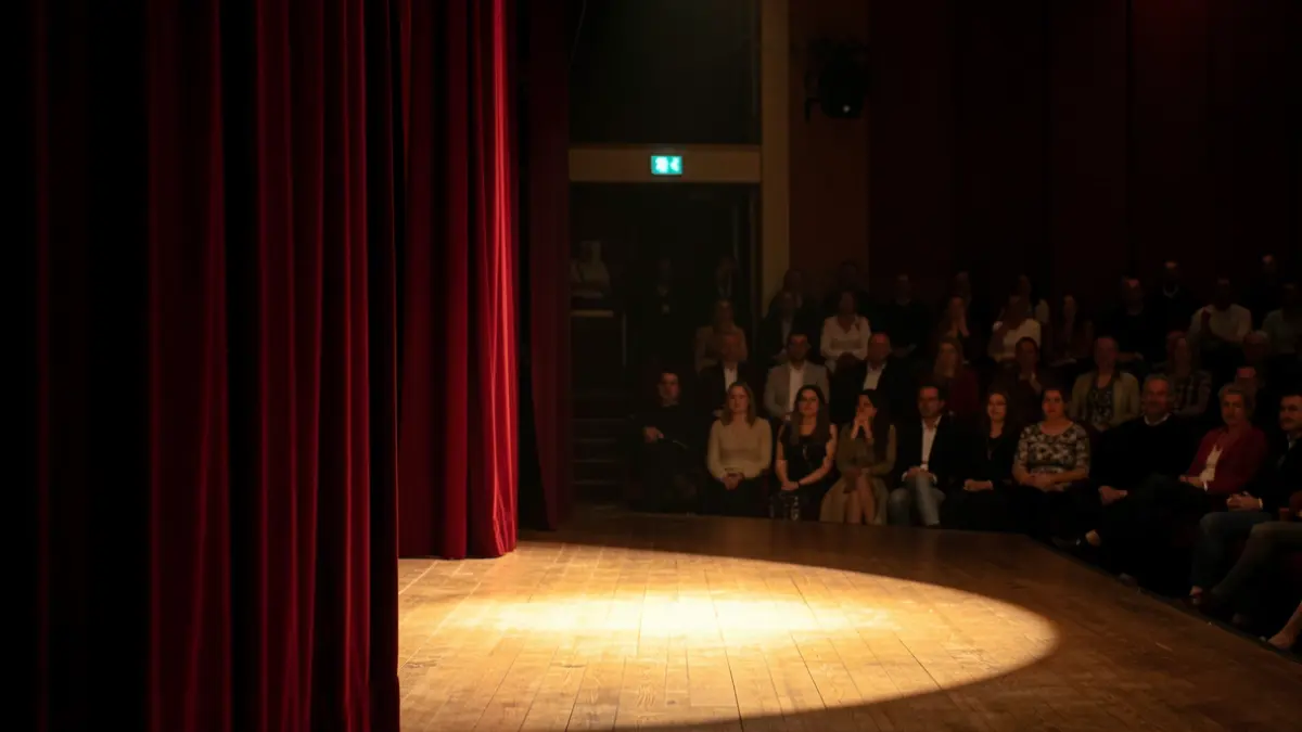 Generic image of an empty theatre stage with red curtains and a spotlight.