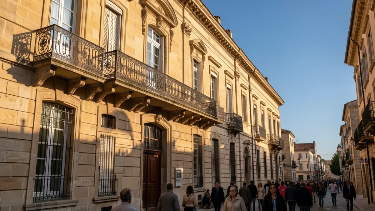 Stone facade of an Occitanie town hall with ornate balcony and iron railings, warm afternoon sunlight casting shadows on the sandstone walls, blue sky.