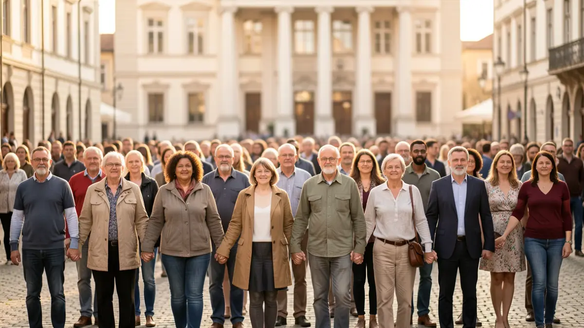 Generic image of diverse people holding hands in a town square, symbolizing solidarity.