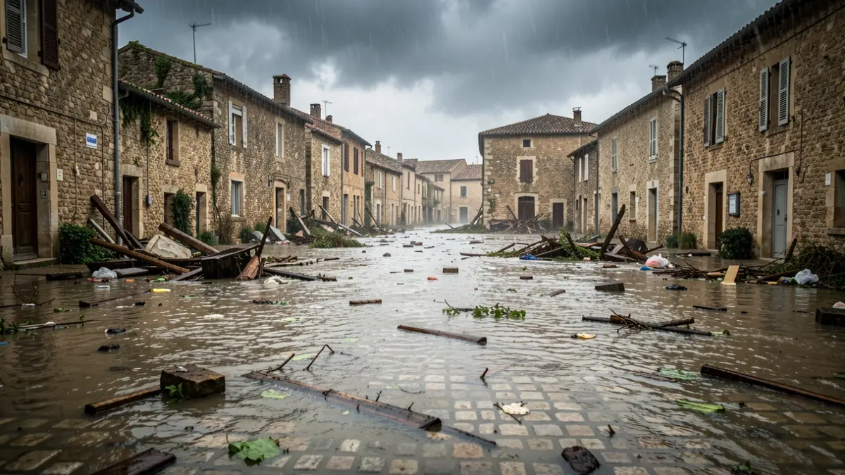 Image générique d'une place de village inondée sous un ciel pluvieux.