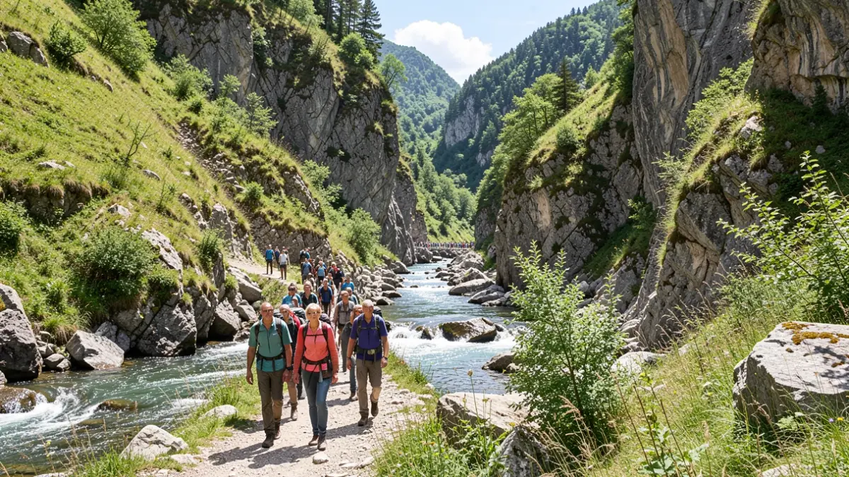 Generic image of a hiking trail in a rocky gorge with a river.