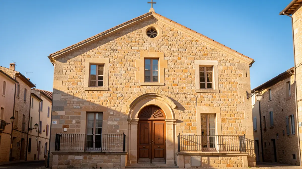 Image générique de la façade d'un hôtel de ville en pierre du sud de la France, éclairée par le soleil de l'après-midi.