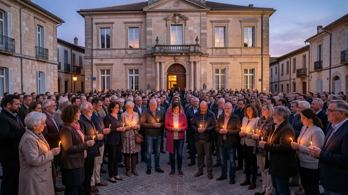 Generic image of a citizen gathering in front of a town hall, with candles and a solemn atmosphere.