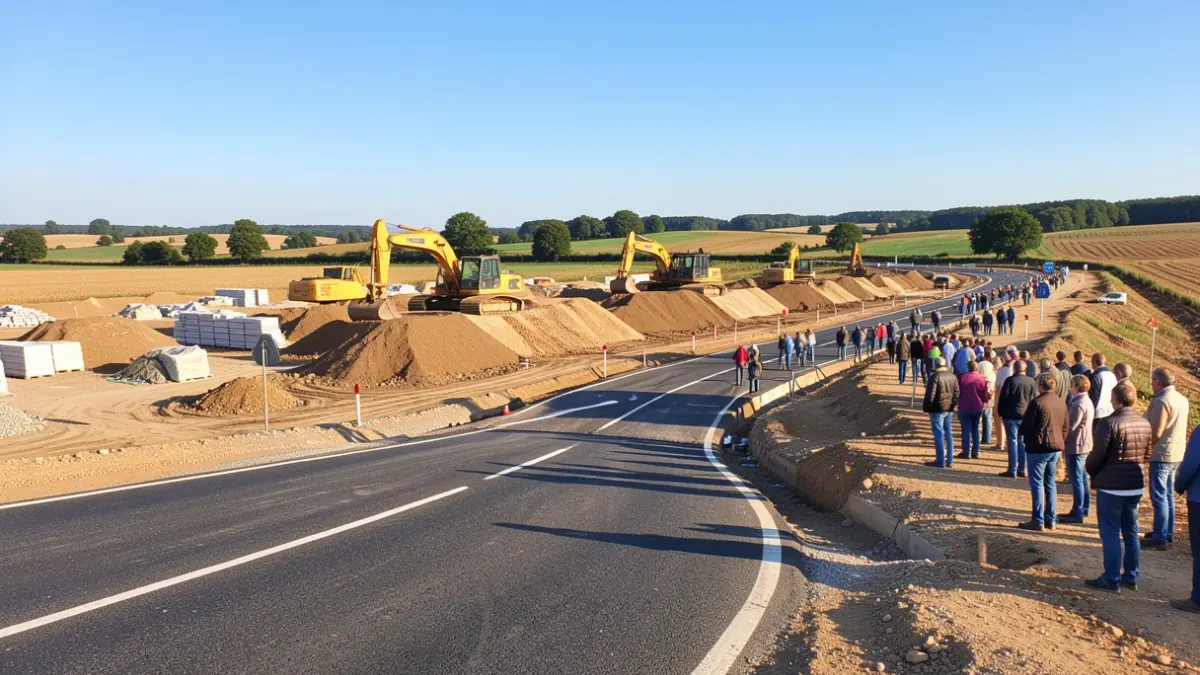 Image générique: avec engins de travaux publics et matériaux sur fond de ciel bleu.