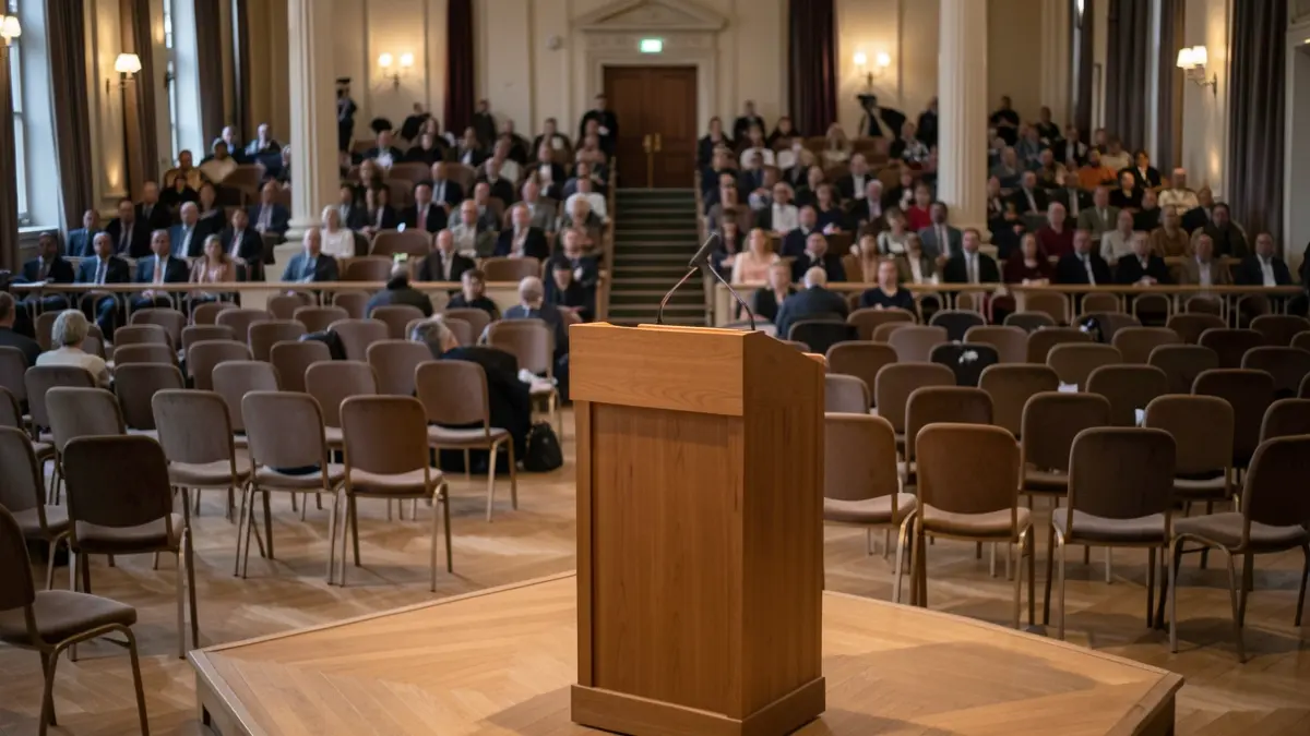 Image générique d'une cérémonie de remise de diplômes dans une grande salle, avec des chaises vides disposées en rangées face à une estrade, sous un éclairage d'ambiance doux.
