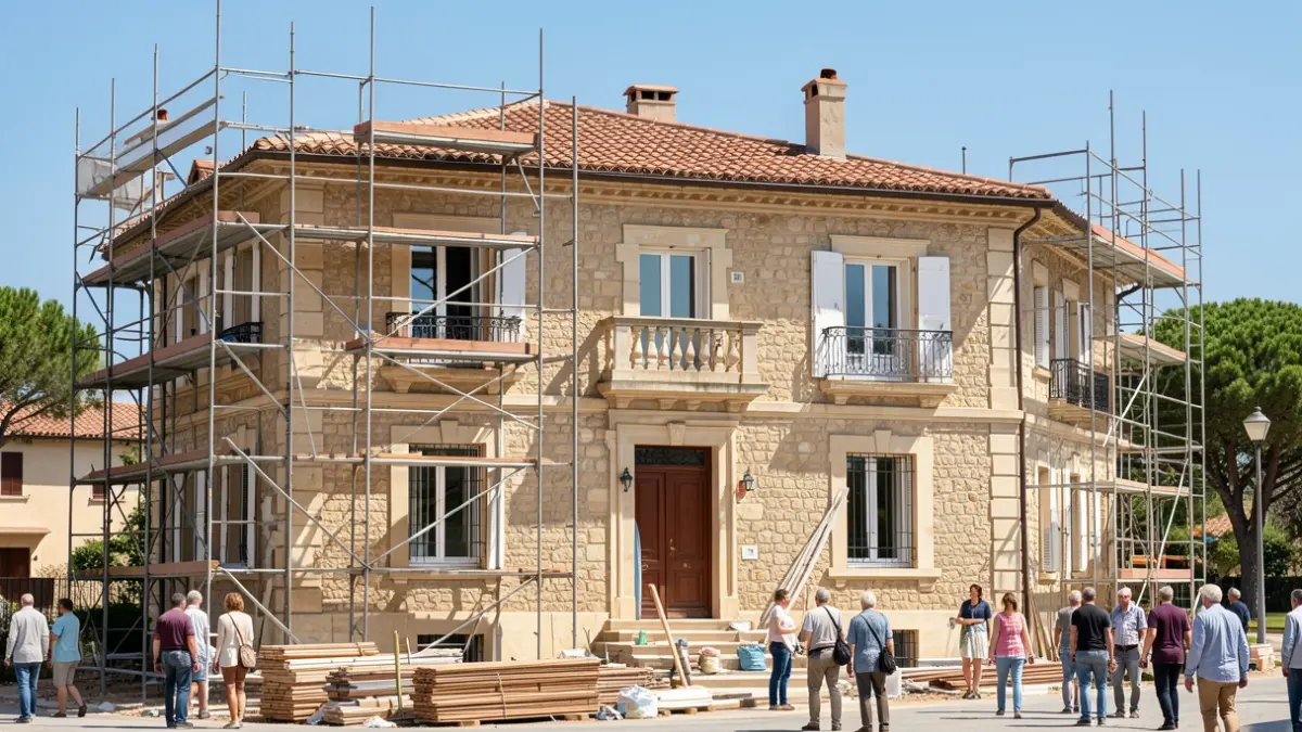 Image générique de la façade d'un bâtiment résidentiel en cours de rénovation thermique, avec des échafaudages et des matériaux de construction.