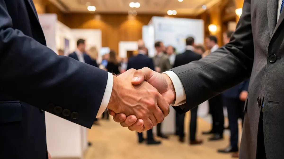 Generic image of a handshake at a professional event, with a blurred background of attendees and booths.