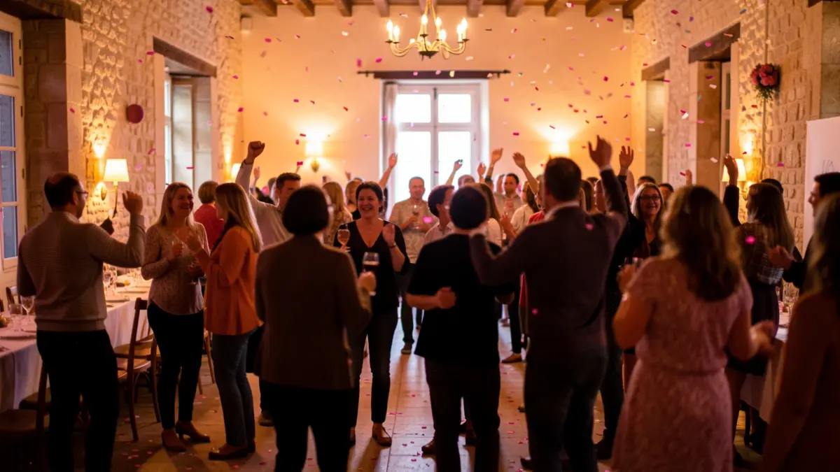 Generic image of a festive solidarity dance evening for Octobre Rose, with blurred silhouettes and a joyful atmosphere.