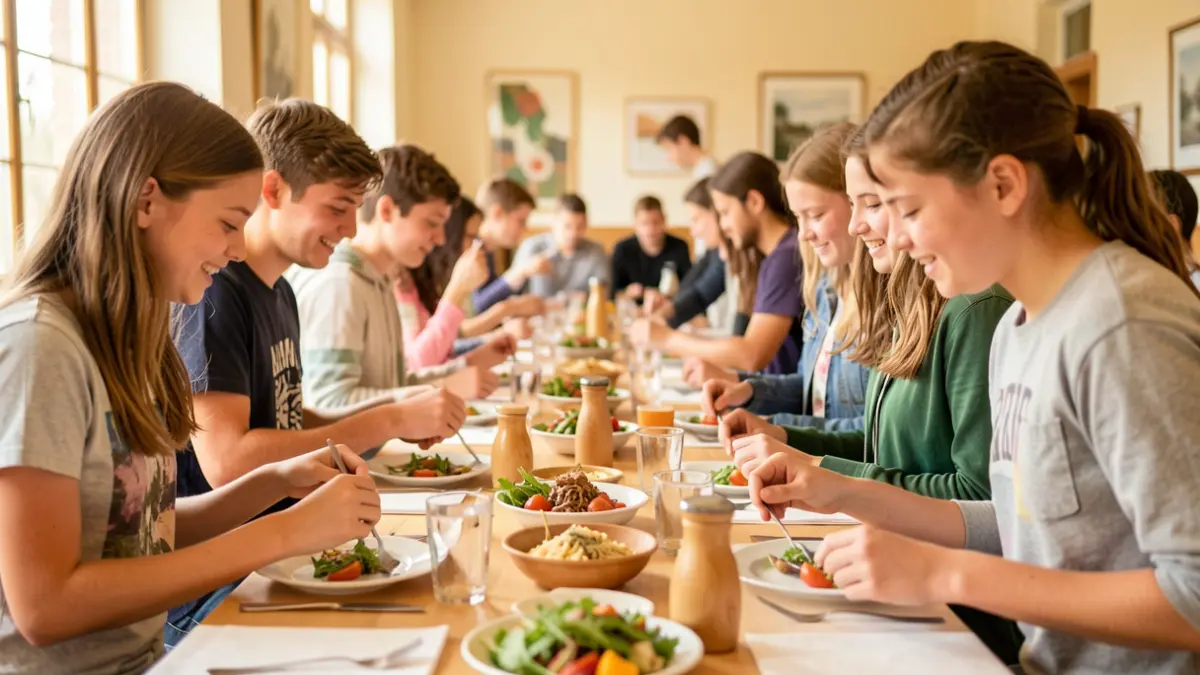 Image générique de jeunes volontaires préparant une salle pour un repas communautaire.