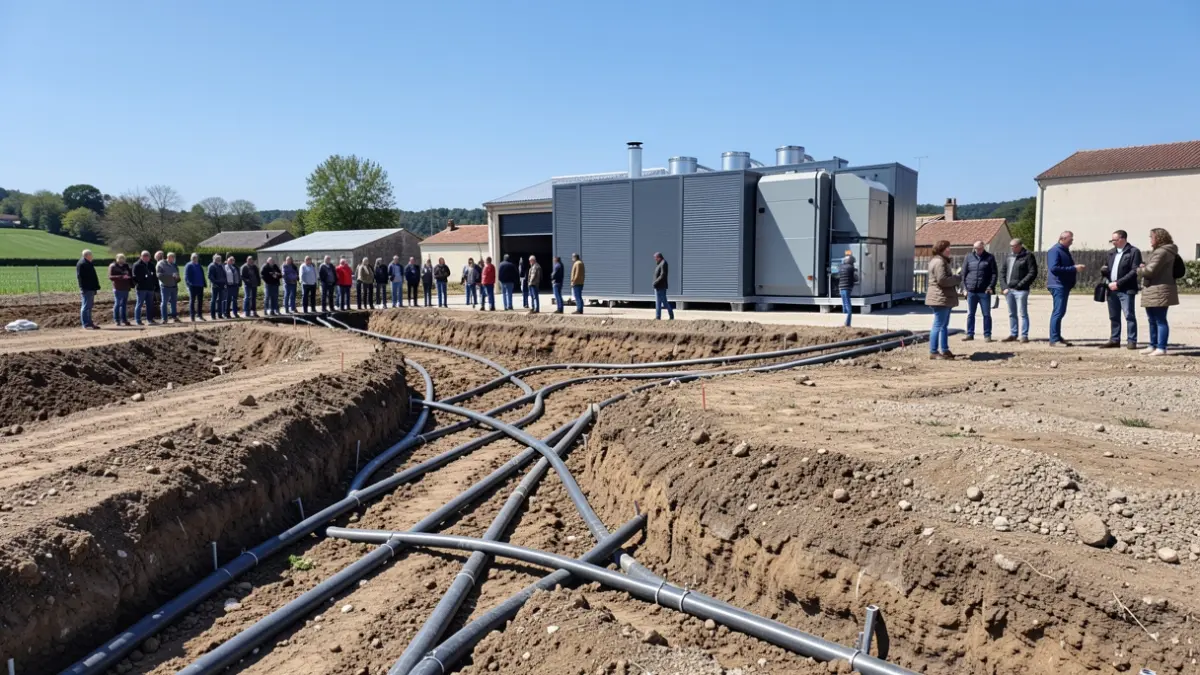 Construction site of the wood heating network in Gaillac, showing buried pipes and a biomass boiler facility.