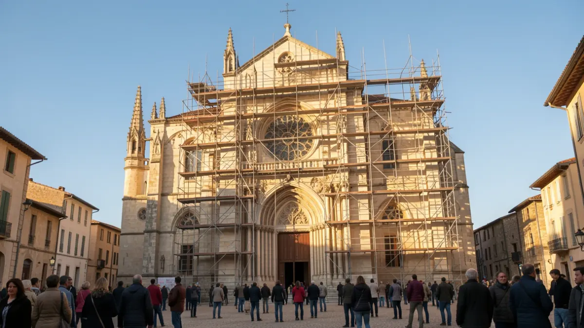 Façade de la cathédrale Saint-Gervais et Saint-Protase de Lectoure en cours de restauration.