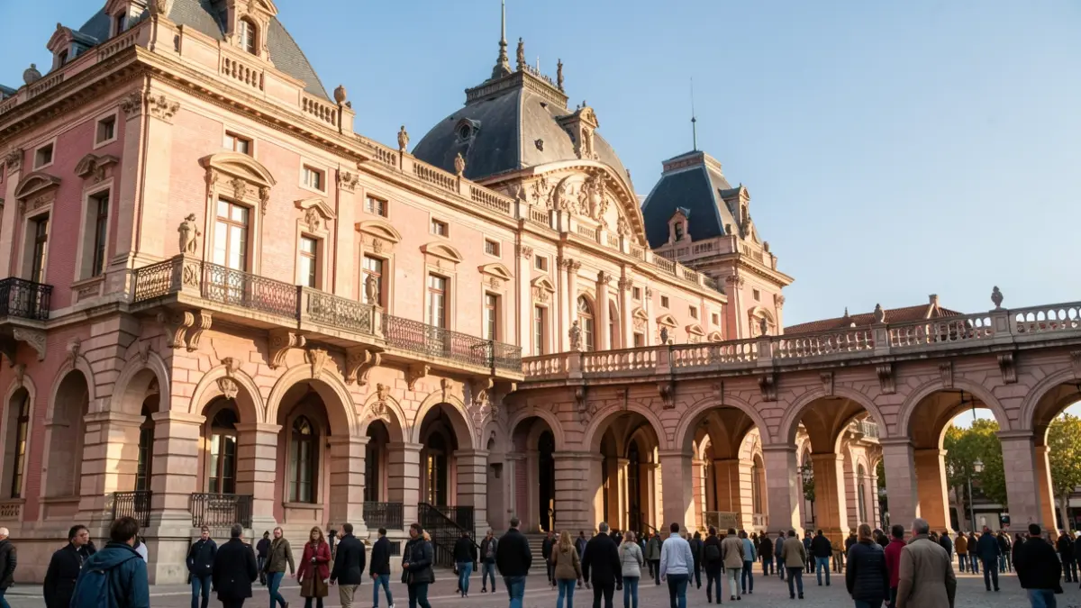 Facade of the Capitole de Toulouse, a historic pink brick building.