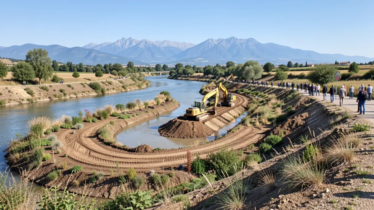 Image générique de travaux de restauration d'une rivière avec des engins de chantier et des plantations, dans un paysage du sud de la France.