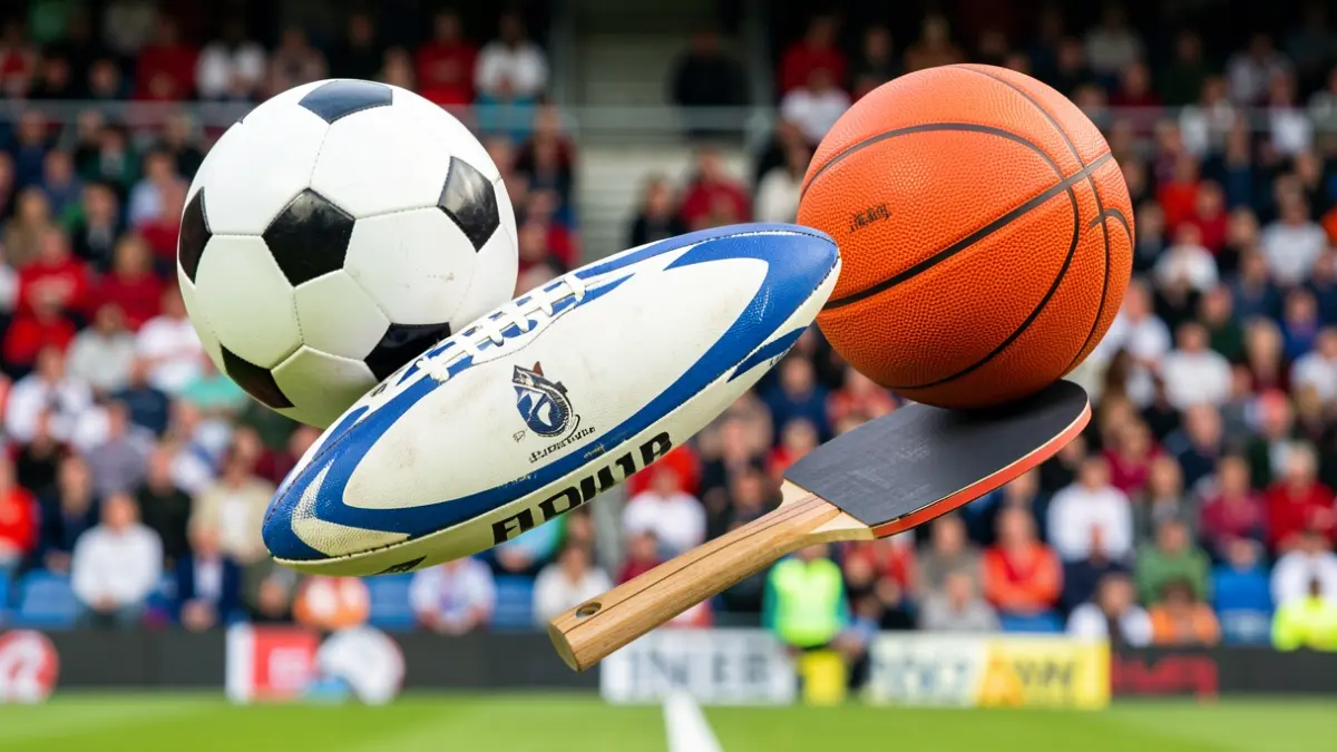 Generic image of various sports equipment: a soccer ball, a rugby ball, a basketball, and a table tennis paddle.