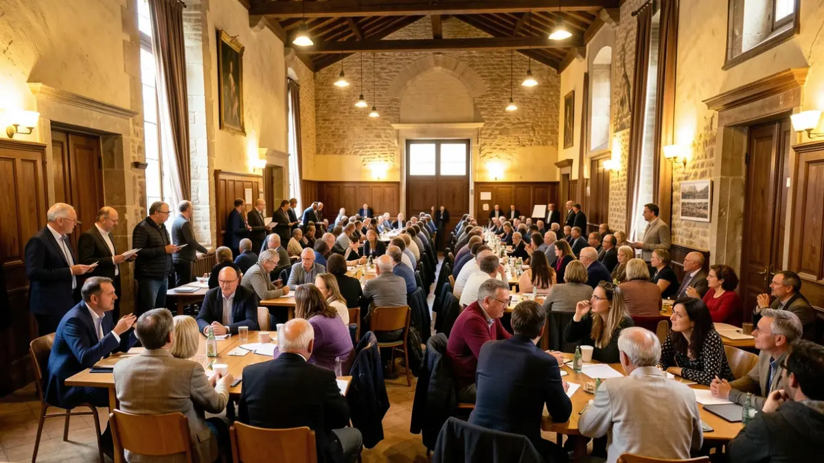 Image générique d'une salle de réunion municipale comble en Occitanie, ambiance de participation citoyenne.