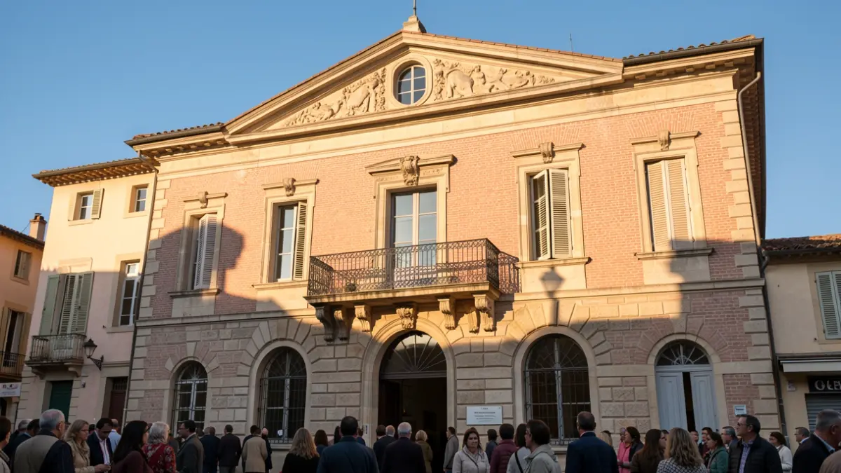 Generic image of a town hall facade in the South of France, with a balcony and ironwork, in the afternoon sun.