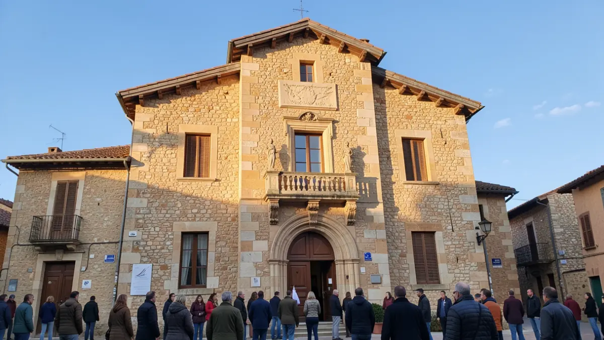 Facade of the Vic-en-Bigorre town hall, traditional Occitanie architecture, under the afternoon sun.
