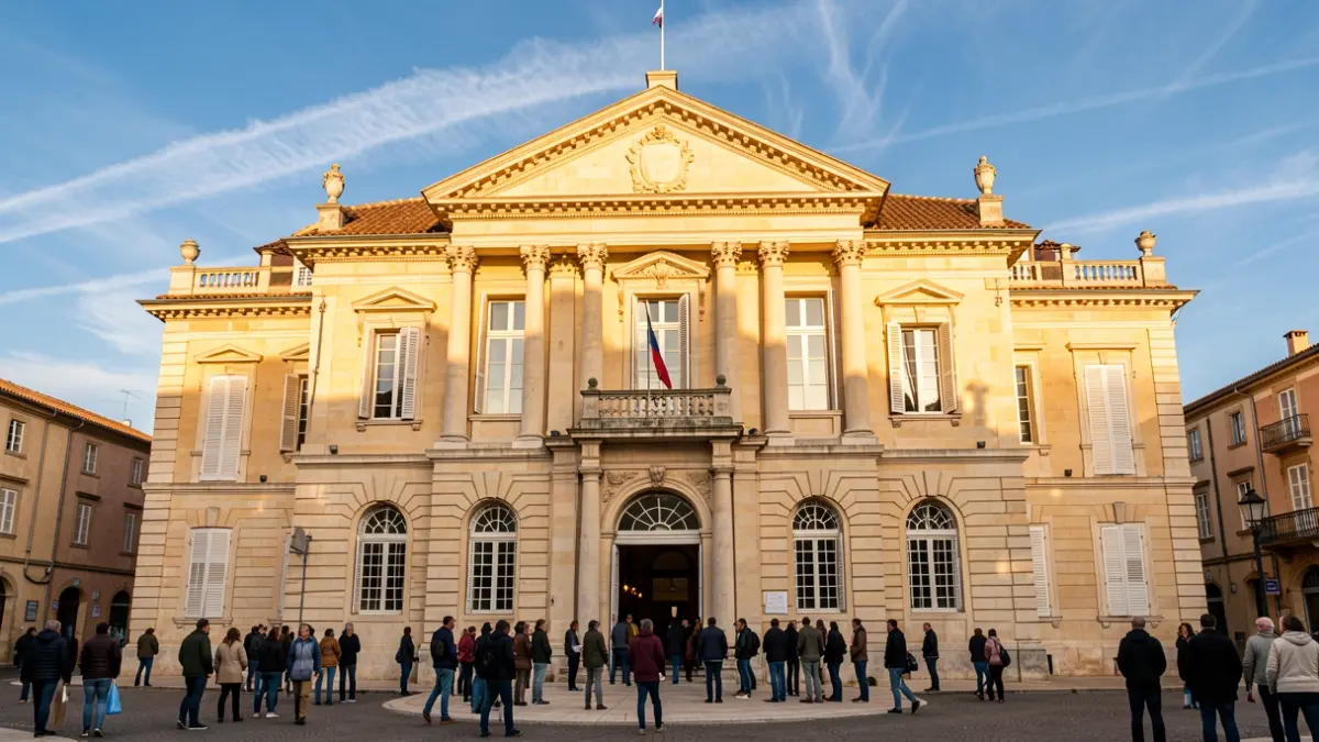Façade de l'hôtel de ville de Canet-en-Roussillon sous le soleil d'après-midi.