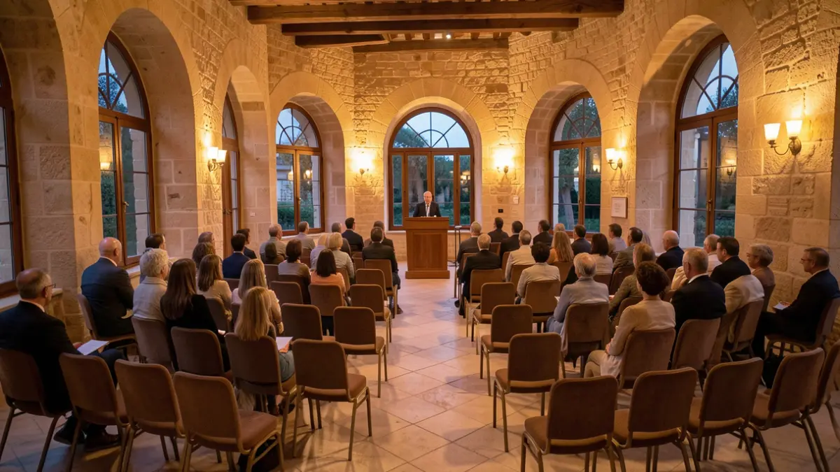 Image générique d'une salle de réunion publique dans le Sud de la France, avec des chaises disposées en demi-cercle et une architecture locale.