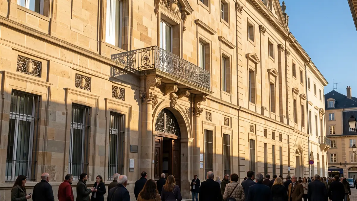 Façade en pierre d'une mairie d'Occitanie avec balcon orné et ferronneries, soleil d'après-midi chaud projetant des ombres sur les murs en grès, ciel bleu.