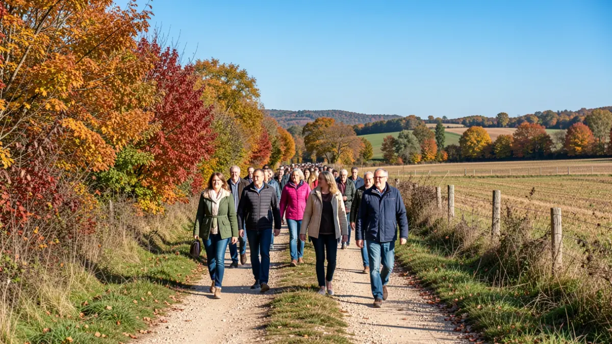 Image générique de participants à une marche solidaire en milieu rural.
