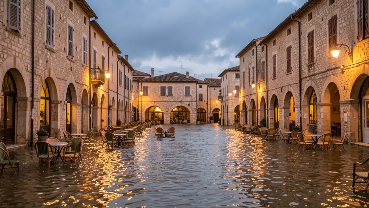 Generic image of a flooded town square at dusk, with streetlights reflecting on the water.