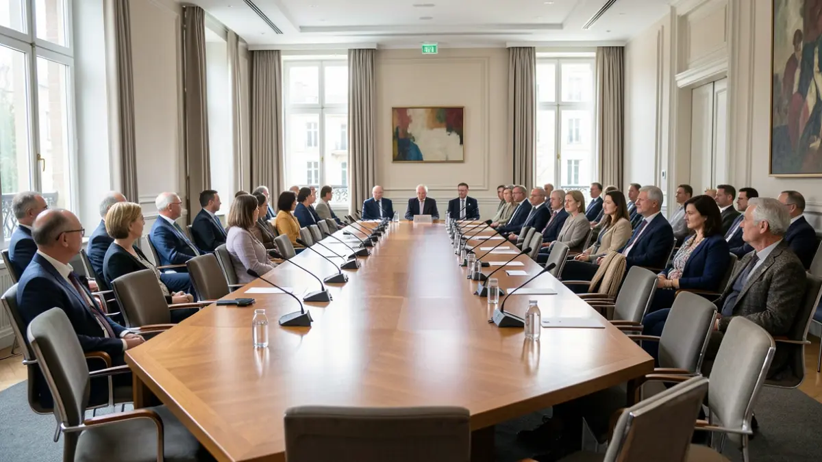Image générique d'une salle de réunion officielle avec une longue table et des microphones.