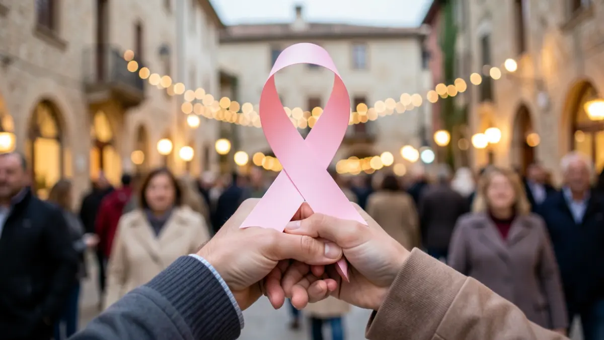 Generic image of hands joined in a circle, symbolizing solidarity, with pink ribbons and blurred lights in the background.