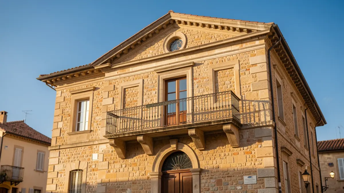 Image générique de la façade d'une mairie du Sud de la France, avec balcon et détails en pierre, sous un ciel bleu dégagé. Lumière chaude de l'après-midi.