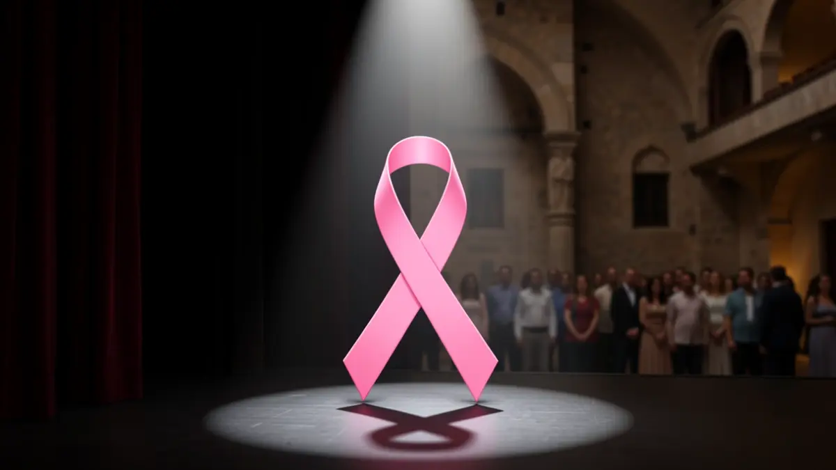 Symbole d'un ruban rose sur une scène de théâtre, éclairé par un projecteur.