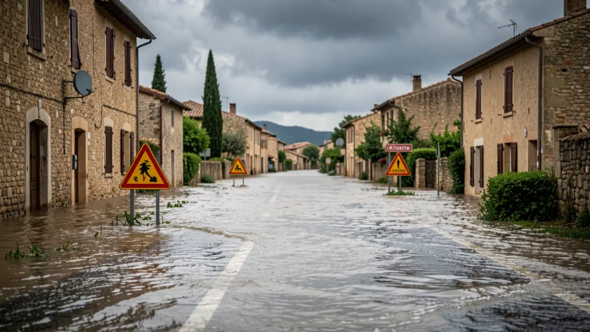 Generic image of a flooded road in a Southern France village, with caution signs and an overcast sky.