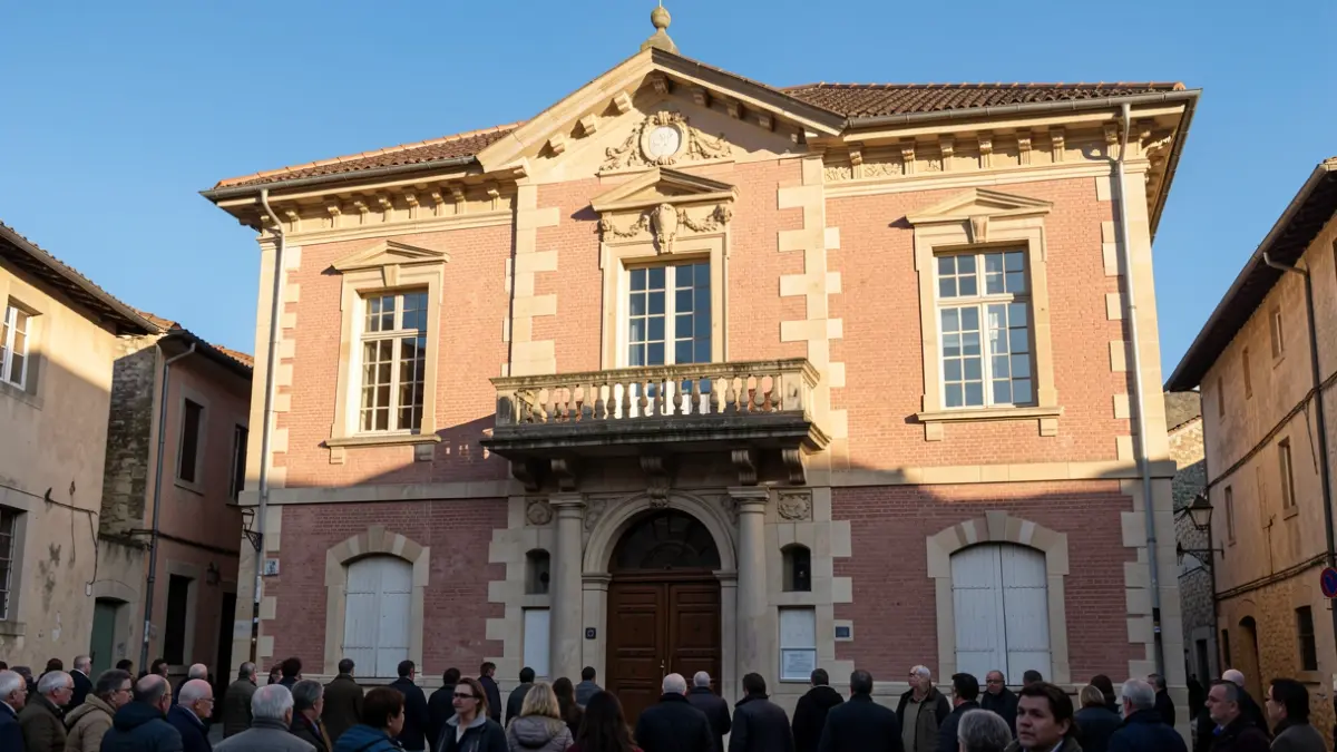 Generic image of a town hall facade in Southern France, featuring traditional architectural elements and afternoon lighting.
