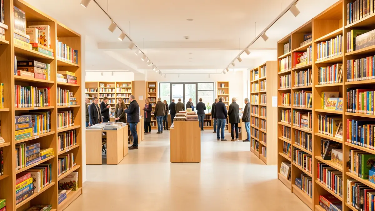 Image générique de l'intérieur d'une médiathèque-ludothèque moderne et lumineuse, avec des étagères remplies de livres et de jeux, dans une ambiance chaleureuse.