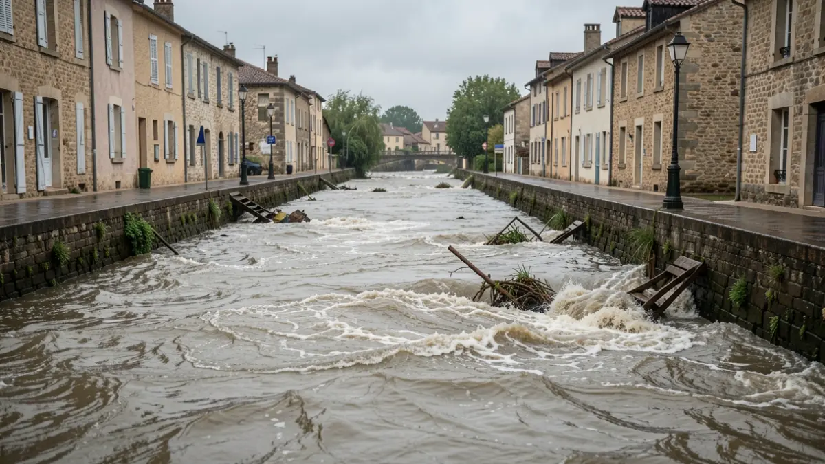 Image générique de quais de rivière inondés par une crue soudaine.