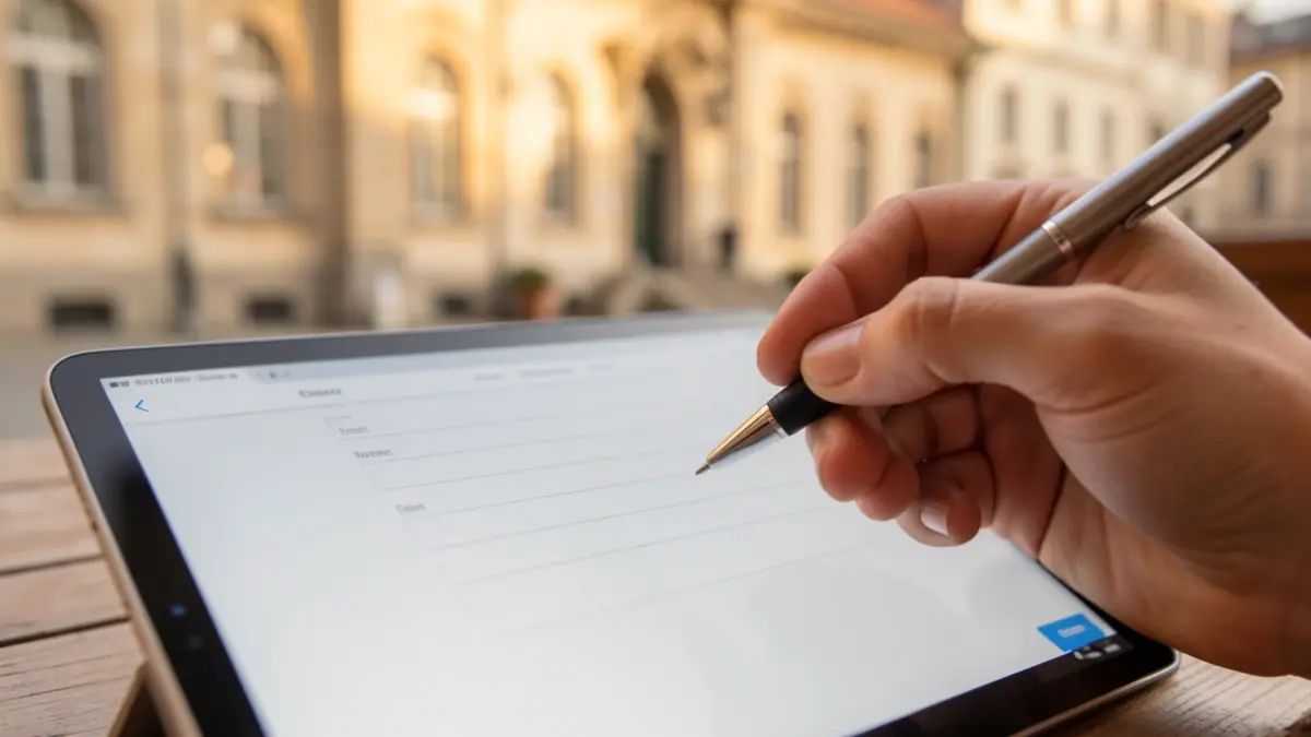 Generic image of a hand holding a pen over an online form on a tablet.