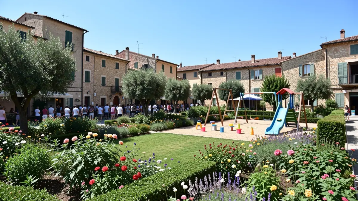 Generic image of public green spaces and a playground in a Mediterranean town.