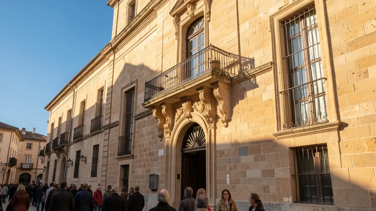 Image générique de la façade d'un hôtel de ville en pierre du sud de la France, avec un balcon orné et des barreaux en fer, baignée par la lumière chaude du soleil d'après-midi.