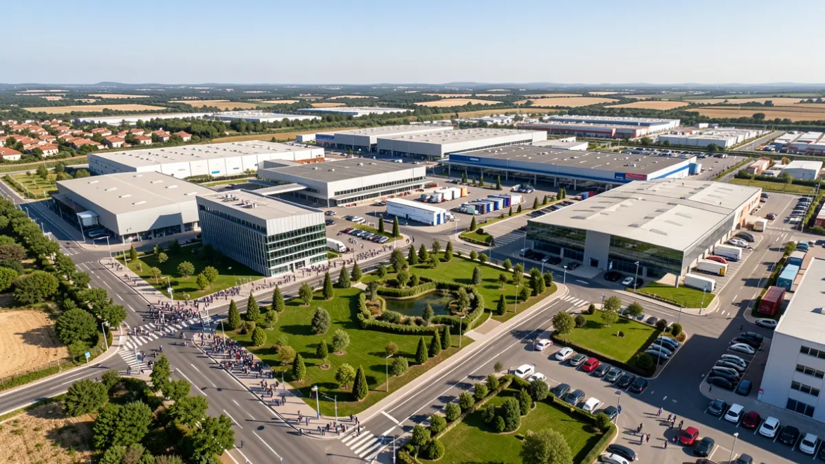 Vue aérienne d'un grand pôle économique et logistique moderne à Perpignan.