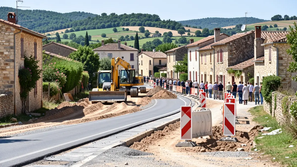 Road reconstruction site in a rural Occitanie village.