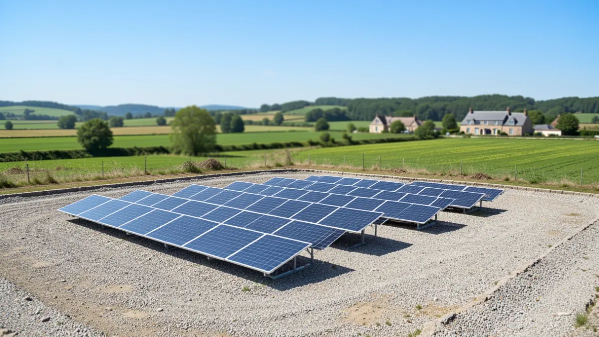 Image générique de panneaux solaires installés sur un ancien site d'extraction, avec des paysages naturels en arrière-plan.