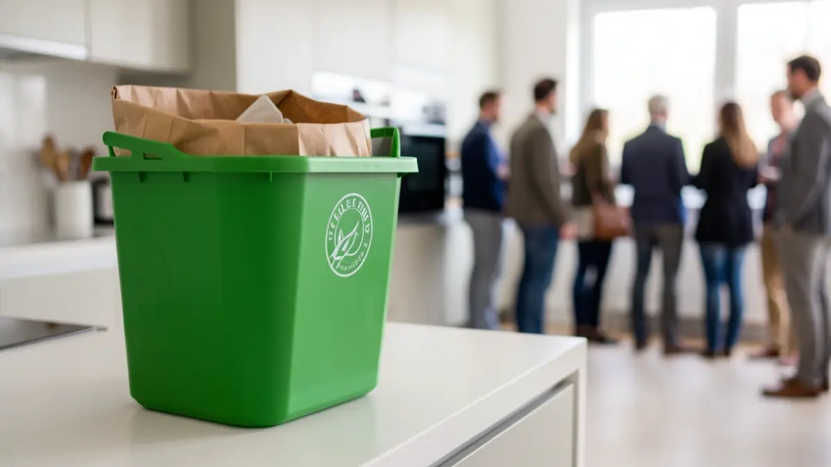 Image générique d'un bioseau avec un sac kraft sur un plan de travail de cuisine.