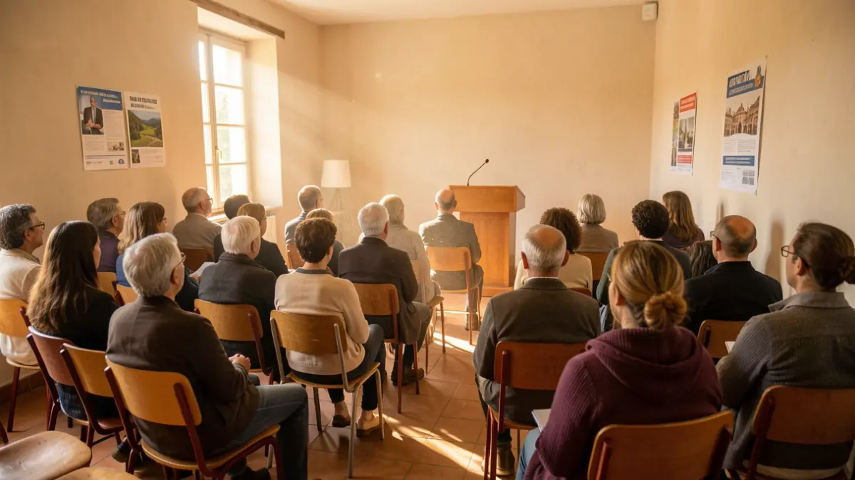 Public meeting room in the South of France, with chairs arranged in rows facing a podium. Afternoon sunlight streams through a window.