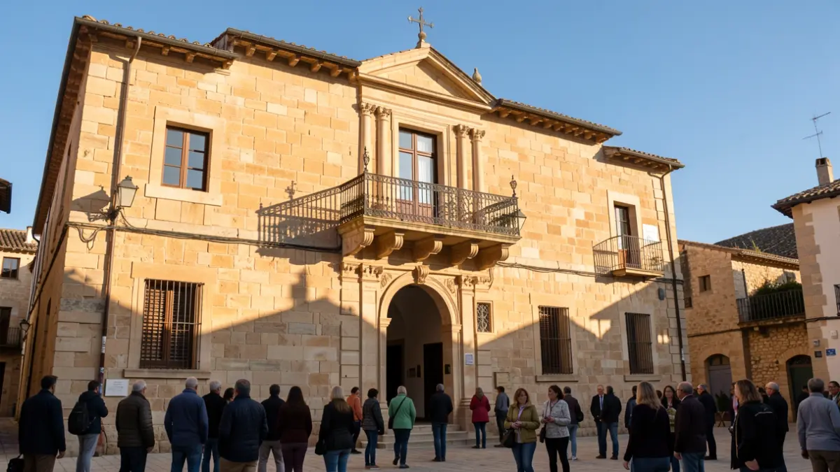 Generic image of a Southern French town hall facade with a balcony under a blue sky.